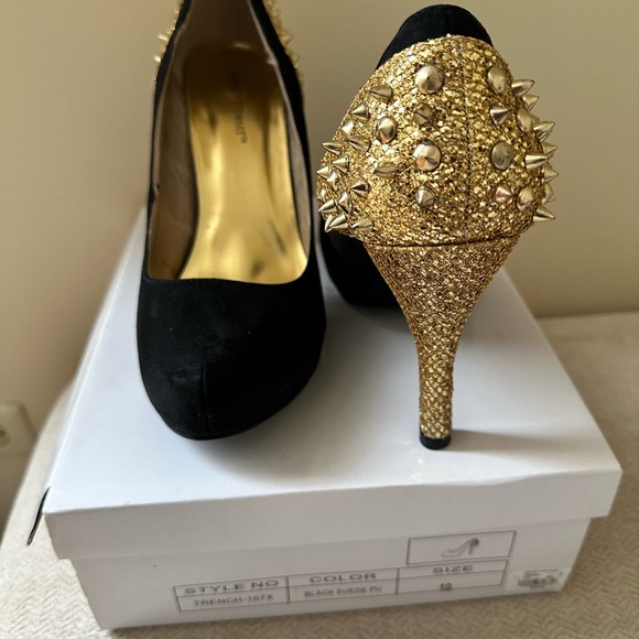 Ashley Stewart Shoes - Elegant Black and Gold Studded Heels
